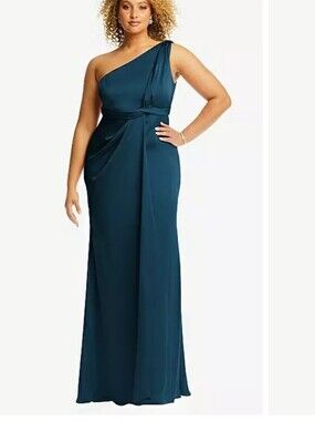 Dessy Collection One-Shoulder Draped Twist Trumpet Gown Atlantic Blue SZ 14 NWT